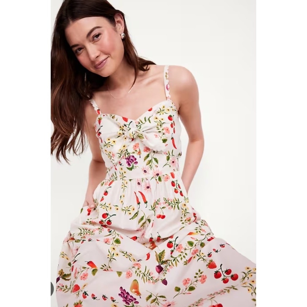 Old Navy Fit & Flare Tie Front Midi Dress Fruit Veggie Floral Print Summer S